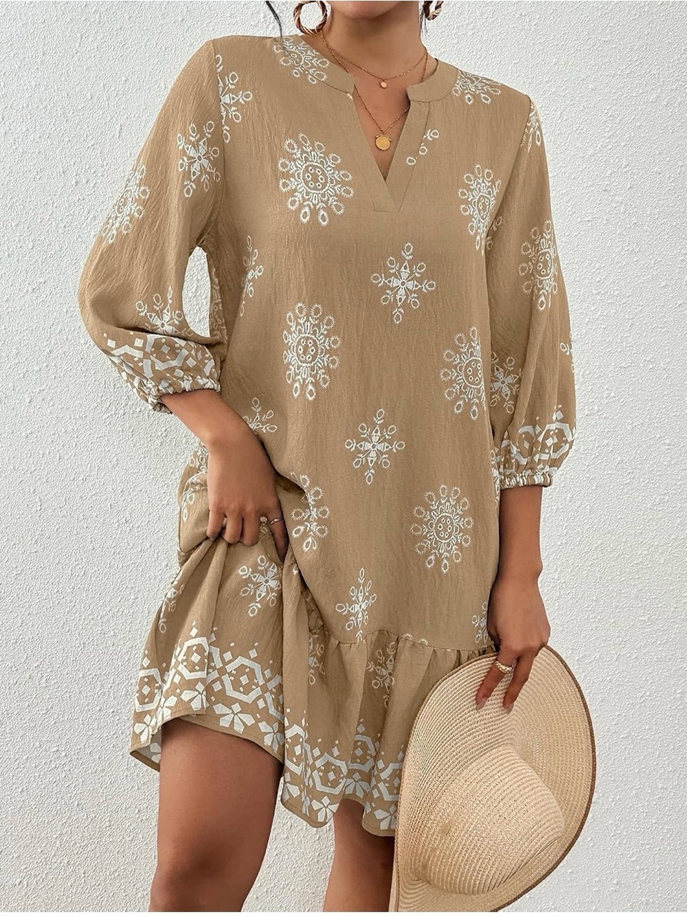 Women's Tan Embroidered Peasant Dress